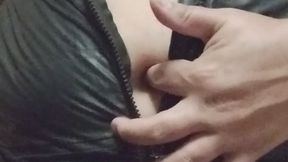 Wearing a black leather jacket belly and belly button worship