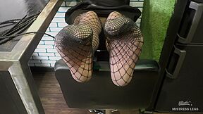 Mistress Sexy Feet Teasing In Fishnets And Opaque Pantyhose