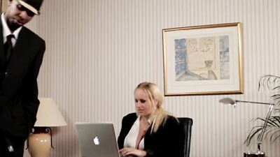 Slutty blonde secretary is having sex with a black boss