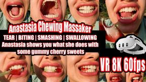 VR 3D 8K | Anastasia presents her perfect teeth: incisors, canines and molars in action as she chews and swallows gummy cherries right in front of you
