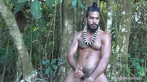 Hawaiian hunk plays his kamani and gets wet in the pool: solo, muscle, hairy, outdoors, shower, tattoo, cumshot, masturbation