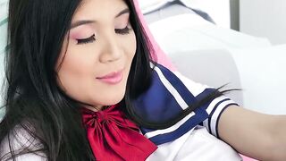 Petite Asian teen in knee highs takes on a huge hard cock