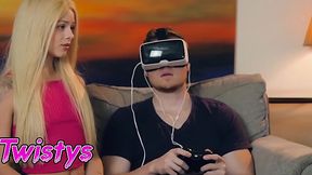 Skinny blonde cheats on her boyfriend with his mom while he plays in the virtual world!