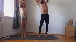 Workout yoga exercise together for the first time