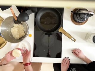 2 neighbors prepared breakfast for their ally and had sex after in the kitchen.