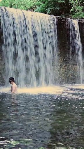 Muscular Asian Hunk Flexes in Speedo by Waterfall - Tight Ass & Hole Tease, Strips Naked & Explodes with Massive Cumshot