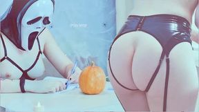 Sexy Ghostface MILF in Latex Lingerie Does Erotic Pumpkin Carving
