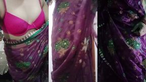 indian gay crossdresser bottom gaurisissy showing her big boobs in purple saree