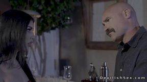 Baldheaded husband Charles Dera fucks busty wife Queenie Sateen