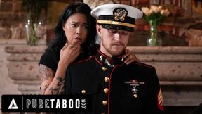 Lonely widow sucks stepson's cock in husband's uniform