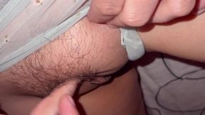 Mature MILF rubs her hairy pussy and moans loudly as she cums from