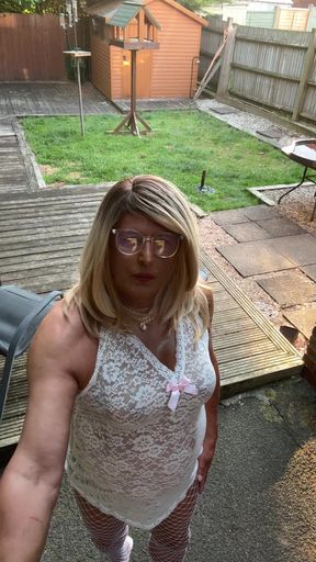 Sexy Crossdresser kellycd2022 in white lace outfit fishnet pantyhose and heels