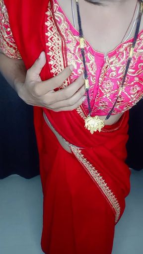 Gorgeous sexy stepmom hot red sexy satin saree and panty