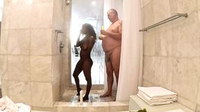 Sexy Petite Ebony MILF Taking a Shower with Sugar Daddy at His Penthouse