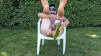 naked pathetic slave outdoor in penis cage show the guests everything fits in his gay ass, cucumber fuck, banana fuck, CMNM