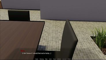 Busty MILF gives hand job to lucky guy under the table in a 3D visual novel