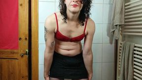 Show my body in skirt and red bra