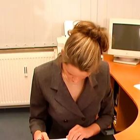 Brunette German secretary getting warm cum on her sexy stockings