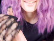 Intense handjob in transparent black lace gloves! She quickly jerks off his cock and enjoys big cum