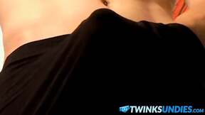 Skinny young twink jerks off his dick & cums in undies