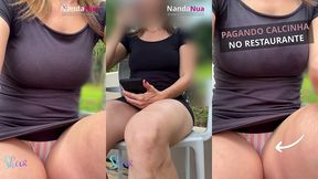 outdoor restaurant, little black dress and a hot panty tease for the waiter - vestidinho preto, calcinha aparecendo... exibicionismo no restaurante - garcom adorou