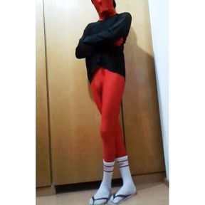 Fun at home wearing a red Zentai costume