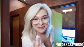 ”Buxxom blonde sexy girl Adaline Star takes fucking on the leather couch”