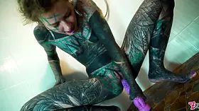 Heavily Tattooed Model Intense Anal Masturbation in the Shower