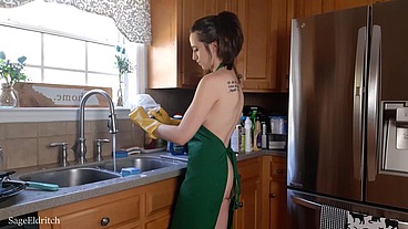 Sage Eldritch Washing Dishes Nude with Starbucks Apron On