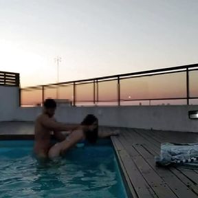 cumming a lot in the pool at sunset - accounter adventures