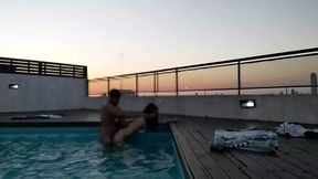 cumming a lot in the pool at sunset - accounter adventures