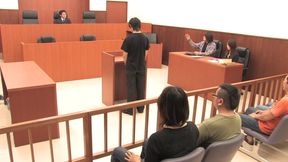 Horny Japanese Babe Gets Fucked by Three Hard Cocks in the Court Room