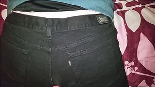 Cumshot on black jeans