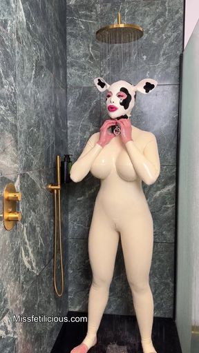 Latex Cow Undressing Under the Shower