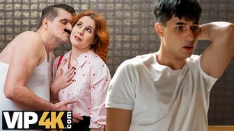 Redhead Kaira Love cheats with a mustached daddy while wearing stockings