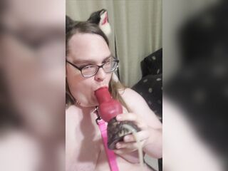 Sissy Cat Gal Gags on Giant Vibrator