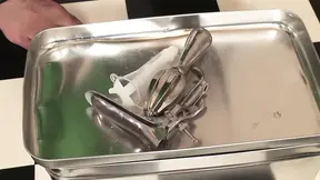 Bad Doctor plays with hot brunette's wet snatch using a vibrating toy