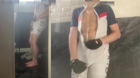 this young cyclist boy made it to the bathroom but still wets himself as he can t hold pee any longer