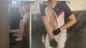 this young cyclist boy made it to the bathroom but still wets himself as he can t hold pee any longer