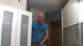 Grandma gets horny while cleaning and gets a huge load on her plump breasts!