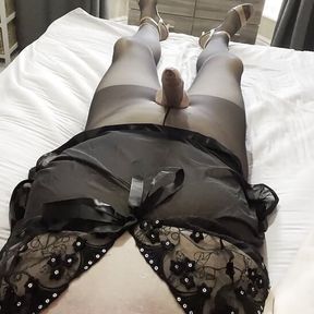 MATURE TVROSE CROSSDRESSER IN ALL BLACK REMOVING PANTIES TO SHOW ROCK HARD GIRLY COCK