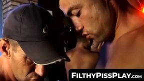 FilthyPissPlay.com - Perverted gay men enjoy piss kiss fuck session in dark dungeon