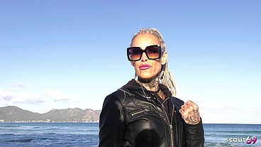 Slim German Mature Wife with Many Tattoos Talk to no Condom Cheating Fuck at Hotel and leg him cum on small Ass