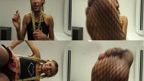 I stomp on you with my fishnet feet you small worm