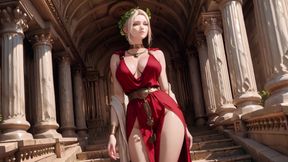 Blonde Goddess in Red! Forbidden Gaze in the Ancient Corridor, Deep V &amp; High Slit teasing you.