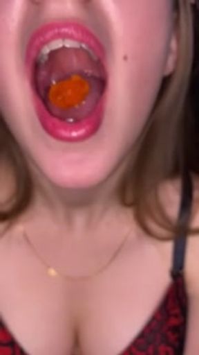 Open mouth gummy swallowing. Underwear