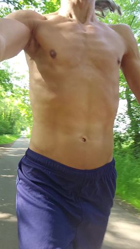 Skinny boy risky jogging naked in public. Huge pissing, Huge cumshot outdoor. Very risky
