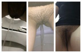 COLLECTION Girl in skinny jeans pees in public toilets close-up, golden shower, peeing girls