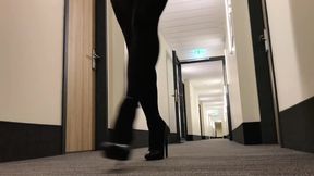 Crossdresser exposing in hotel hallway