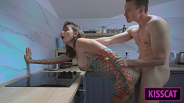 Hot sex on the kitchen with big boobs beauty wife